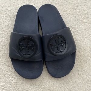 Tory Burch navy slides.